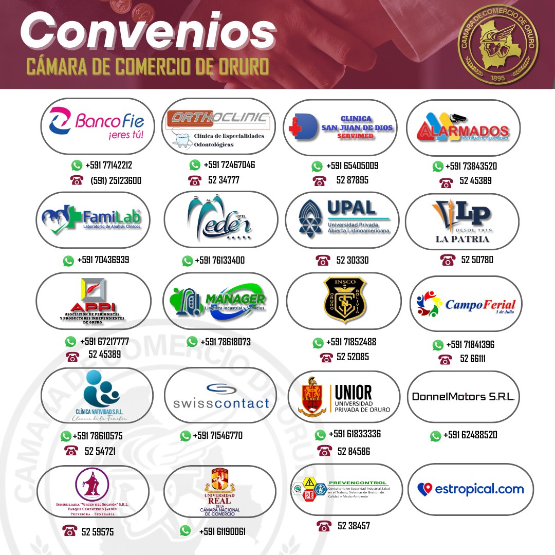 Red de convenios comerciales de la Cámara de Comercio de Oruro — logos y contactos de empresas aliadas