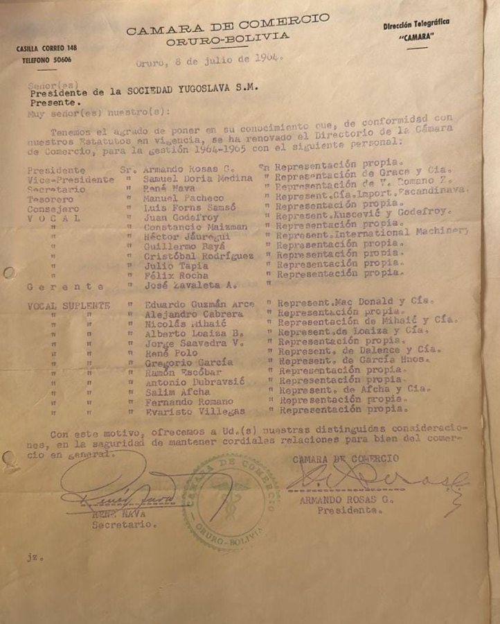 Comunicado de la Cámara de Comercio de Oruro del 08 de julio de 1964