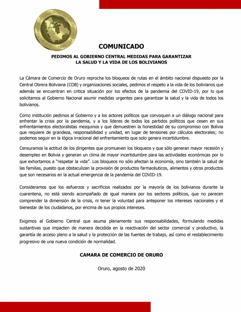 COMUNICADO DE LA CÁMARA DE COMERCIO DE ORURO, PEDIMOS AL GOBIERNO CENTRAL MEDIDAS PARA GARANTIZAR  LA SALUD Y LA VIDA DE LOS BOLIVIANOS.