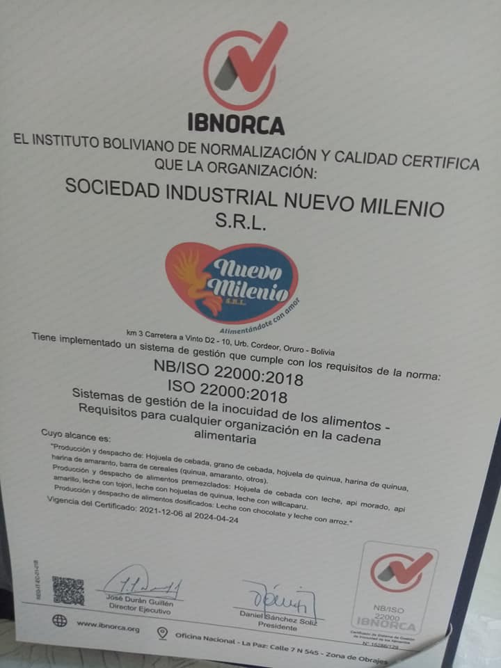 IBNORCA entrega la Norma ISO 22000- Empresa Sociedad Industrial Nuevo Milenio SRL