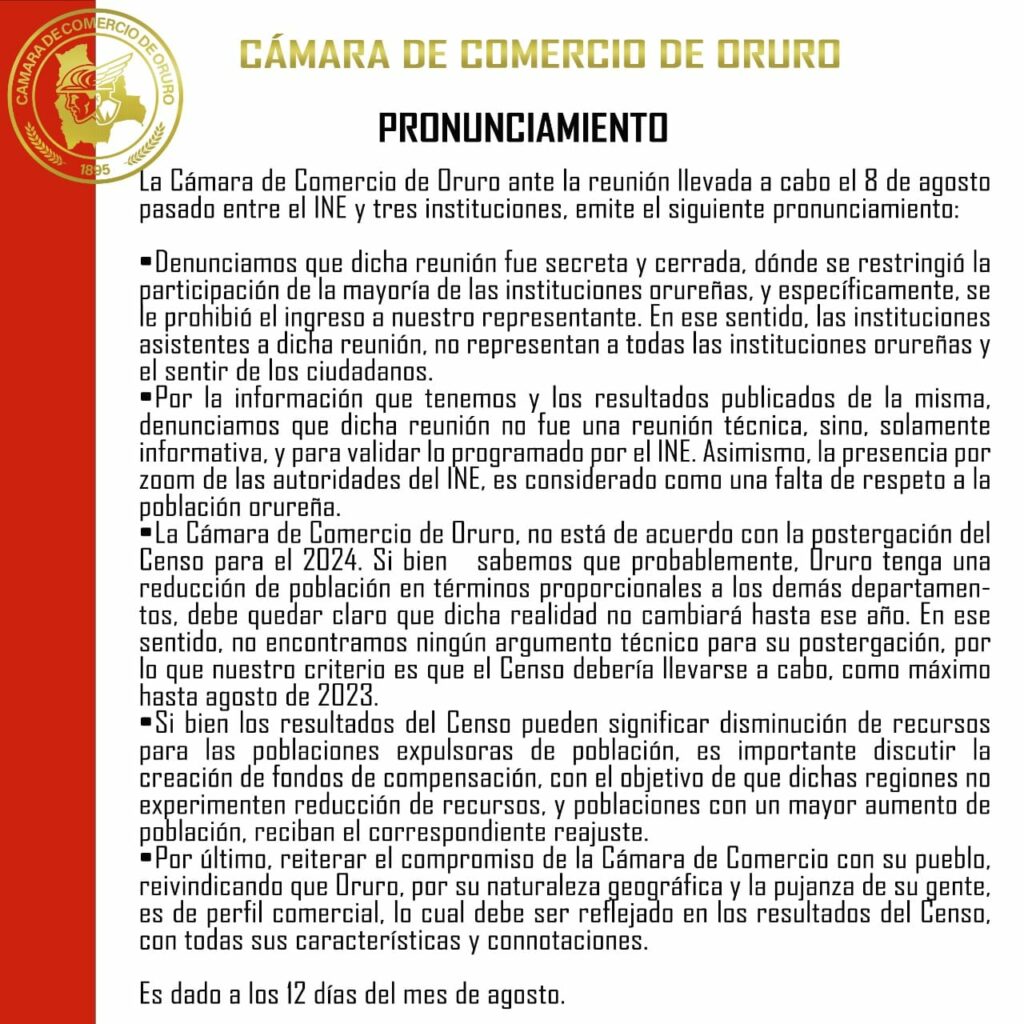 LA CÁMARA DE COMERCIO DE ORURO, NO ESTÁ DE ACUERDO CON LA POSTERGACIÓN DEL CENSO PARA EL 2024